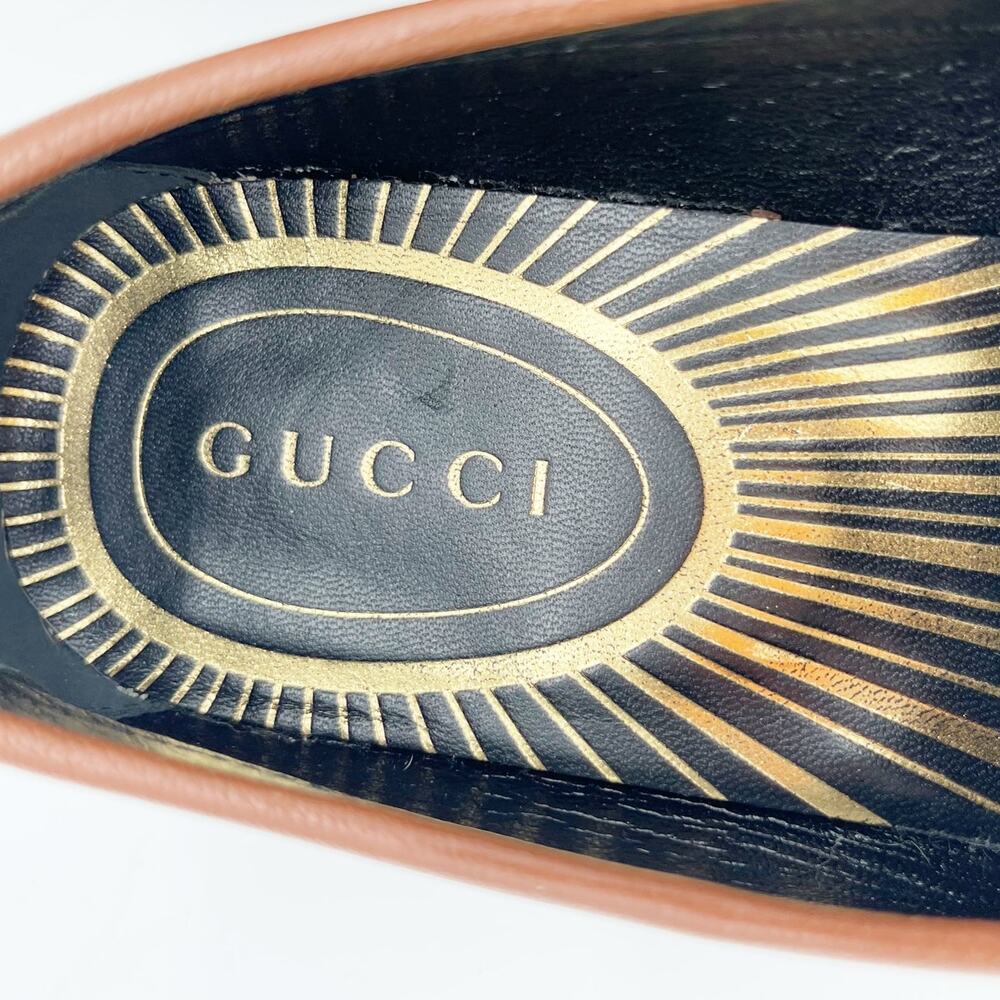 Gucci Cara Brown Pebbled Leather Gold Logo Hardware Loafers EU 38 - Picture 10 of 12